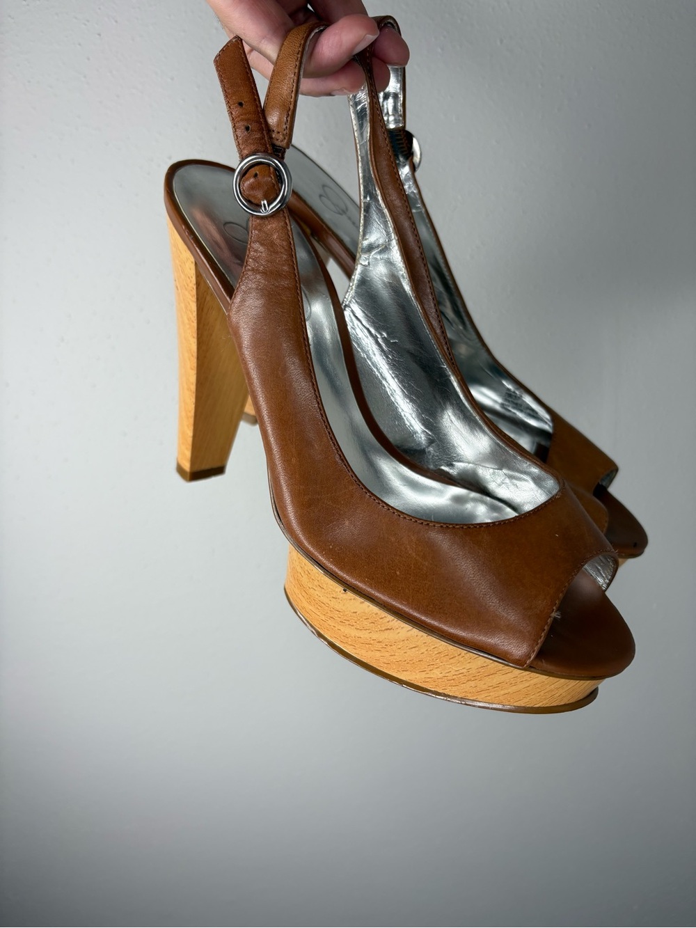 Jessica Simpson Brown Leather Peep-Toe Slingback Platforms